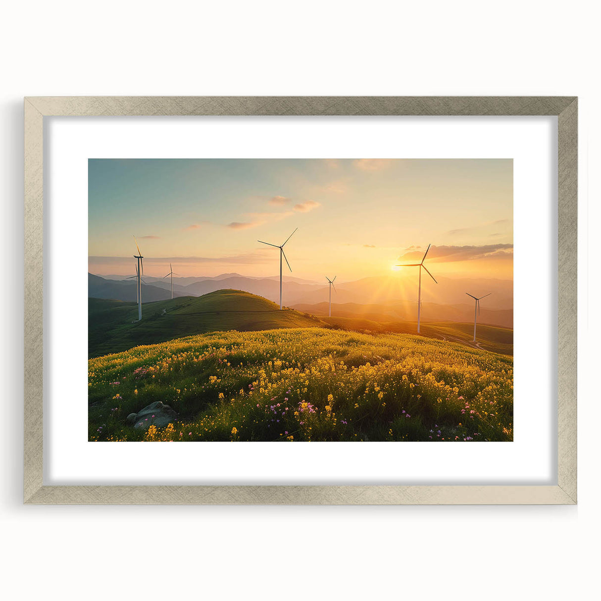Framed landscape wall art collection showcasing windmills, set in a sleek silver frame with a mat, perfect for home decor. Ideal for enhancing modern interiors.