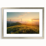 Framed landscape wall art collection showcasing windmills, set in a sleek silver frame with a mat, perfect for home decor. Ideal for enhancing modern interiors.