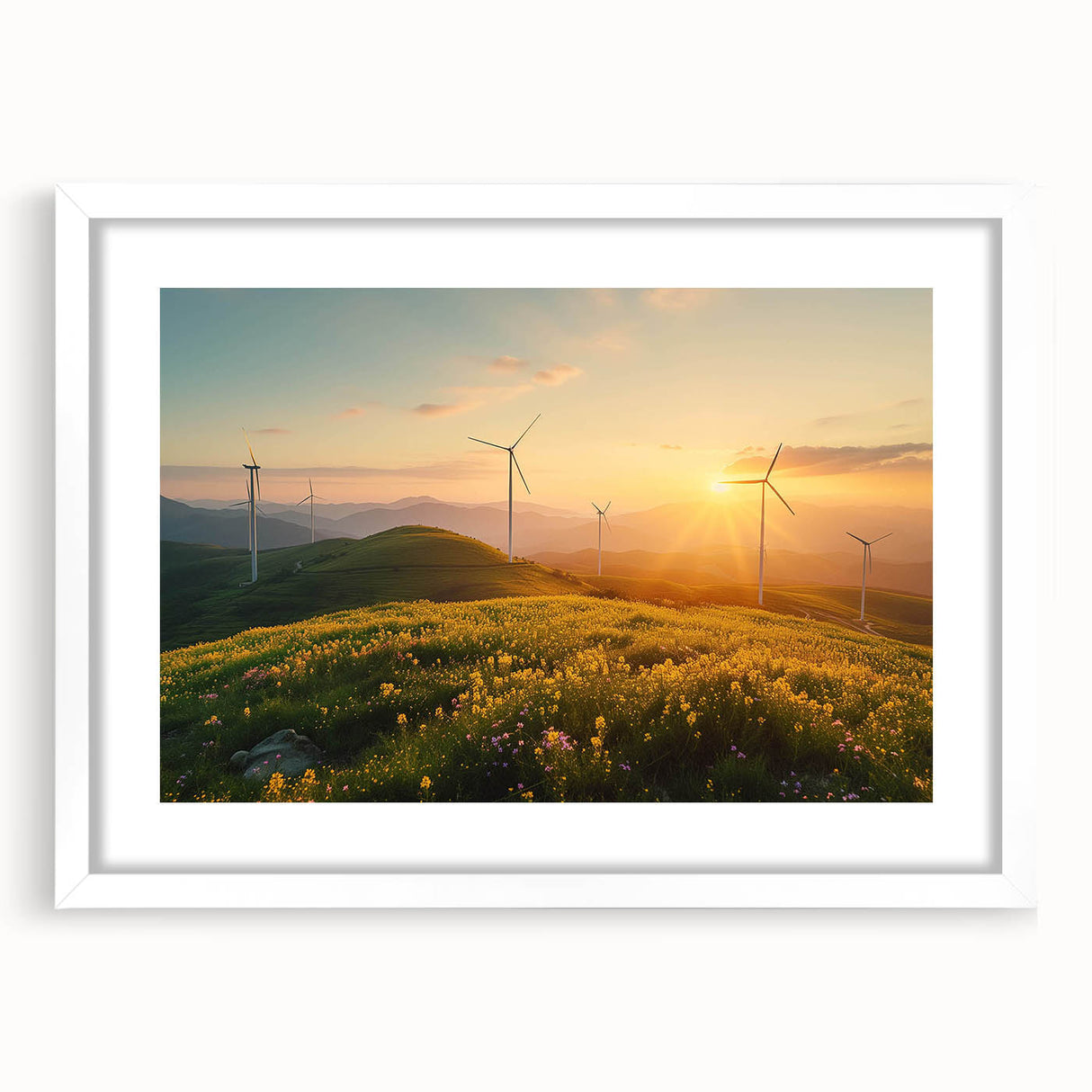Framed wall art featuring a serene landscape with windmills, presented in a white mat and frame. Ideal for home decor, this piece adds a tranquil touch to any room.