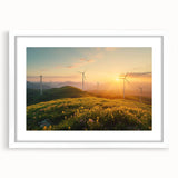Framed wall art featuring a serene landscape with windmills, presented in a white mat and frame. Ideal for home decor, this piece adds a tranquil touch to any room.