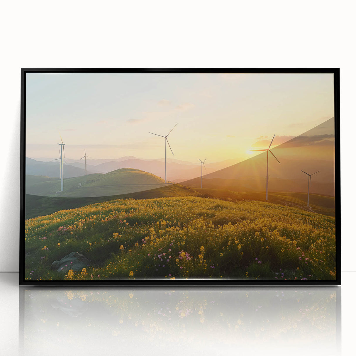 Framed wall art featuring a scenic landscape with windmills, showcasing a black frame and acrylic glass front, ideal for home decor and modern interiors.