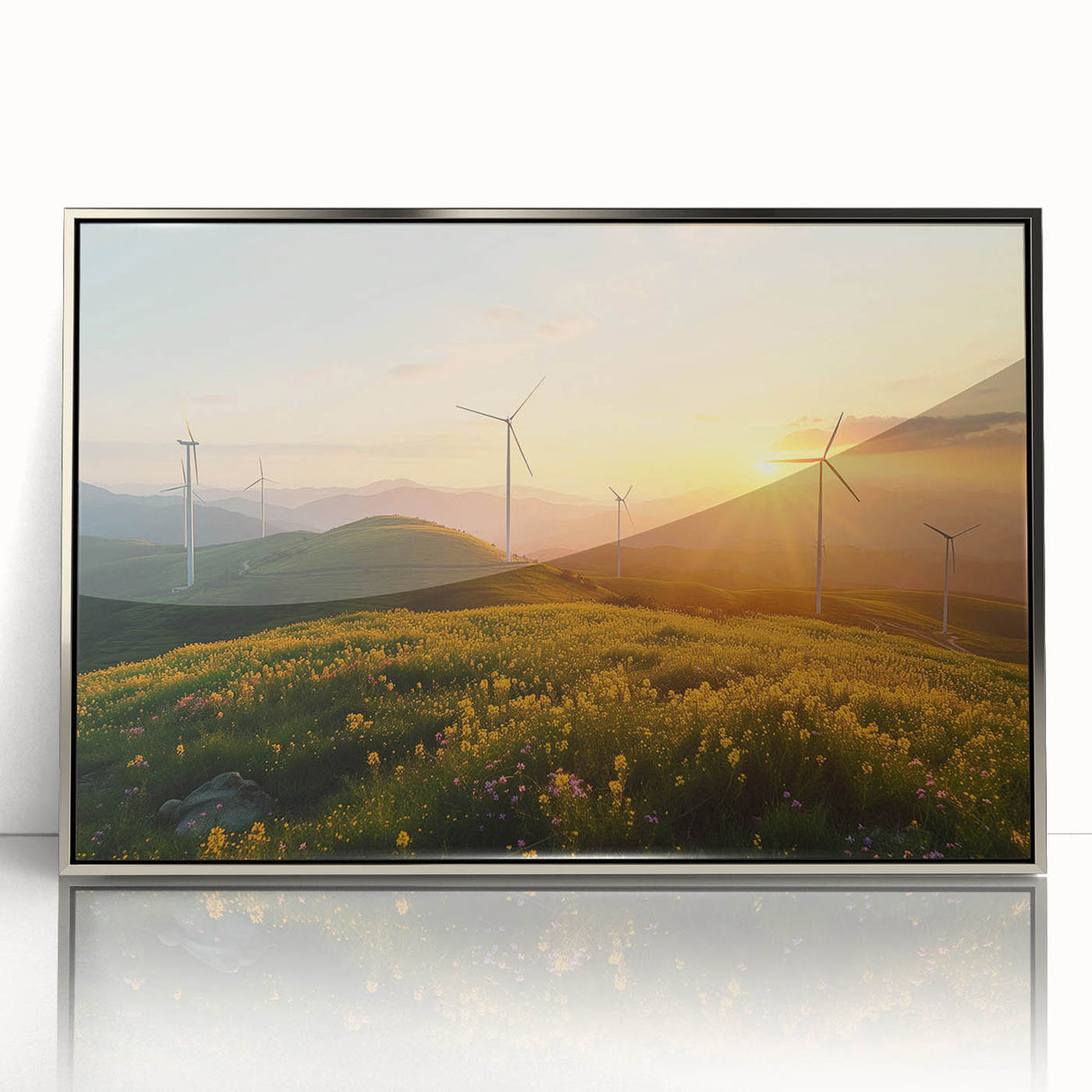 Framed acrylic wall art showcasing a stunning landscape with windmills, featuring a silver frame. Ideal for modern home decor, adding elegance and charm to any space.