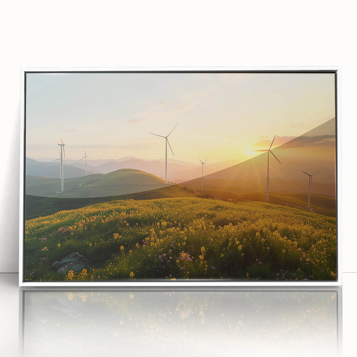 Framed wall art featuring a serene landscape with windmills, designed in a modern style. The piece has a white frame, perfect for contemporary decor.