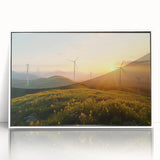 Framed wall art featuring a serene landscape with windmills, designed in a modern style. The piece has a white frame, perfect for contemporary decor.
