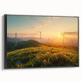 Framed canvas wall art depicting a scenic landscape with windmills, showcasing soft pastel colors and tranquil skies, perfect for home decor.