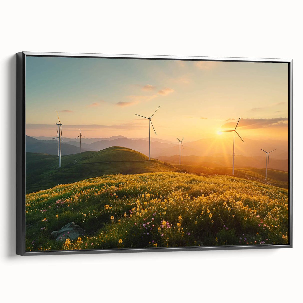 Framed canvas wall art depicting a scenic landscape with windmills, showcasing soft pastel colors and tranquil skies, perfect for home decor.