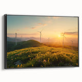 Framed canvas wall art depicting a scenic landscape with windmills, showcasing soft pastel colors and tranquil skies, perfect for home decor.