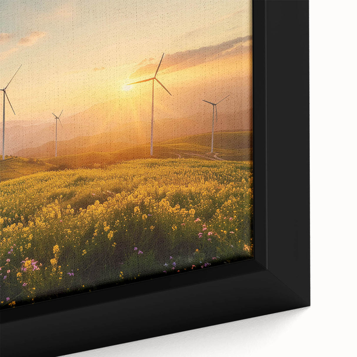 Framed canvas wall art showcasing a vibrant landscape with windmills, featuring rich colors and detailed textures, perfect for enhancing home decor.