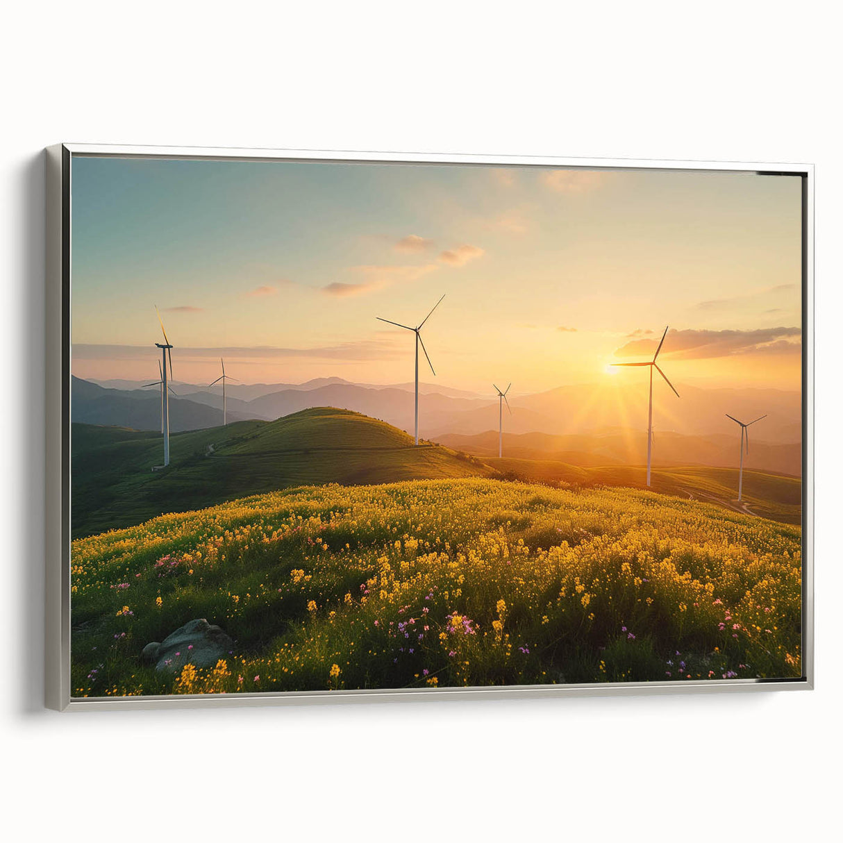Framed canvas wall art showcasing a serene landscape with windmills against a sunset sky, designed in elegant silver tones, perfect for home decor.