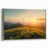 Framed canvas wall art showcasing a serene landscape with windmills against a sunset sky, designed in elegant silver tones, perfect for home decor.