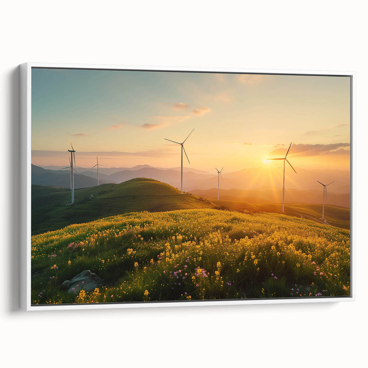 Framed canvas wall art showcasing a serene landscape with windmills under a blue sky, highlighting vibrant greens and rustic browns, perfect for home decor.