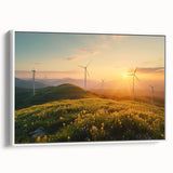 Framed canvas wall art showcasing a serene landscape with windmills under a blue sky, highlighting vibrant greens and rustic browns, perfect for home decor.