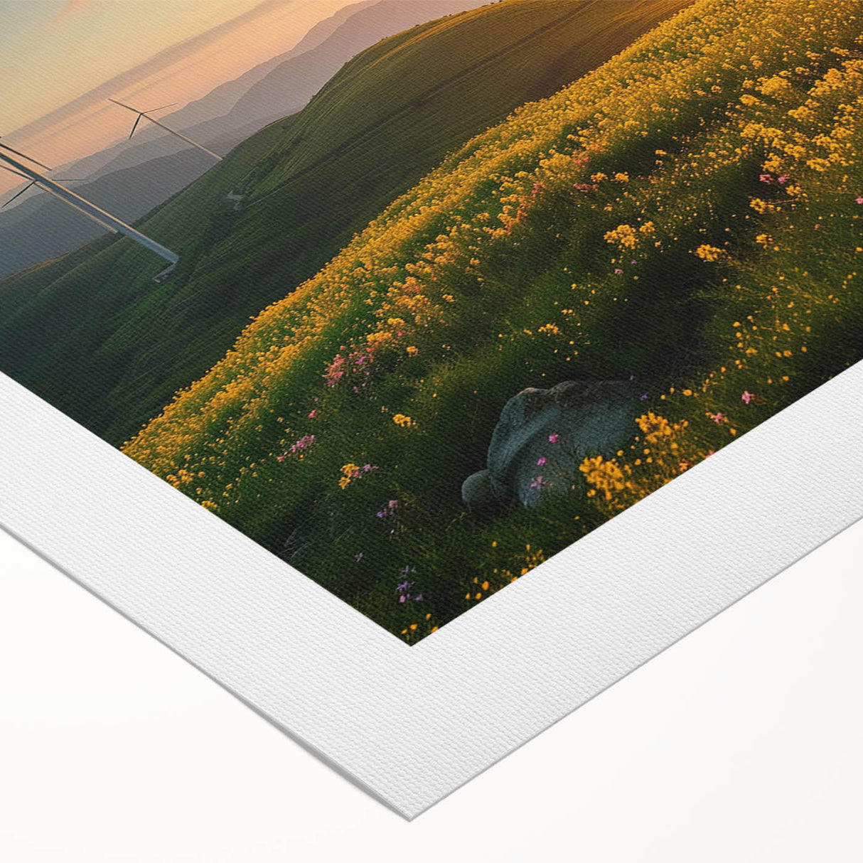 Rolled canvas artwork showcasing a vibrant landscape with windmills against a sunset backdrop, ideal for home decor or office spaces, delivered in a protective tube.