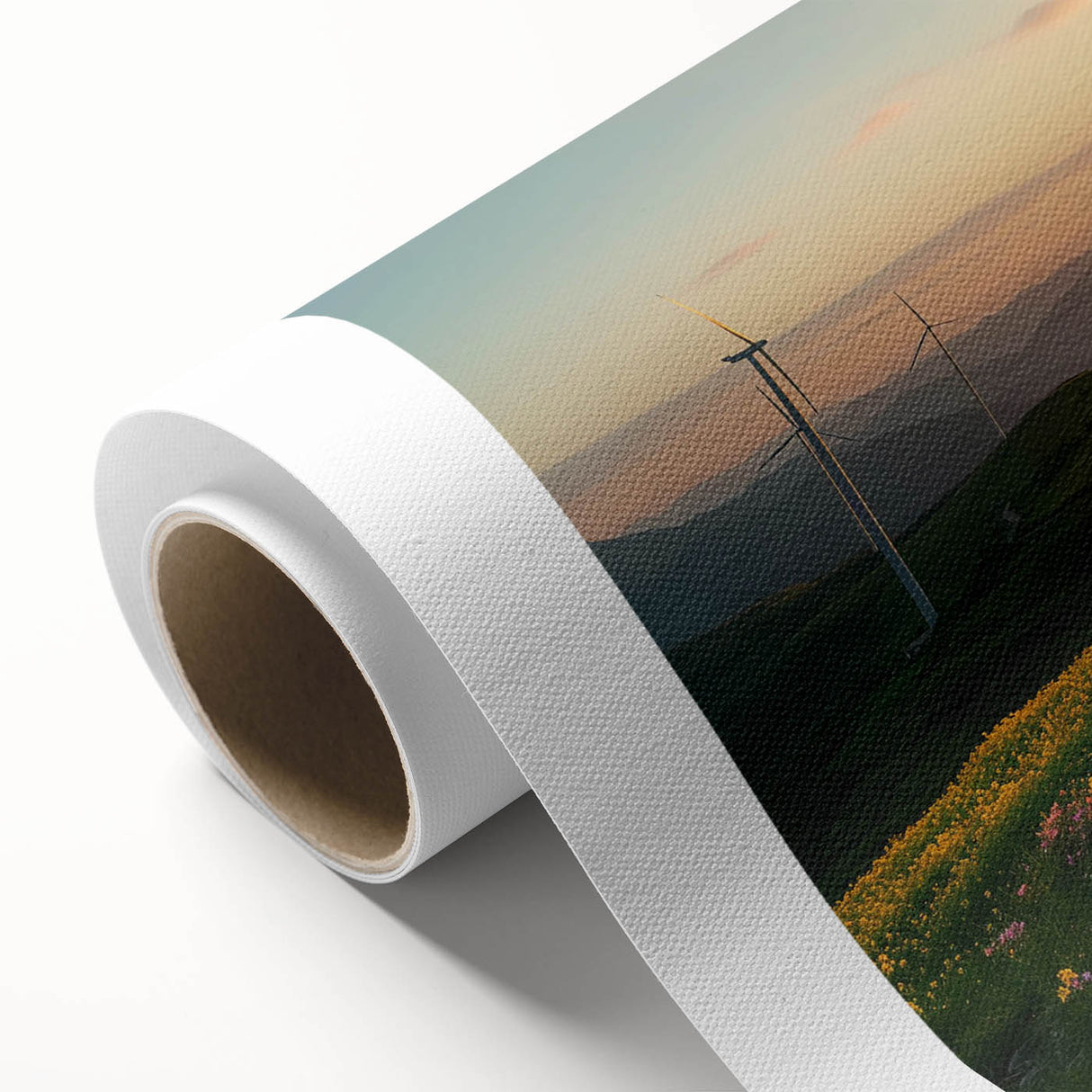 Rolled canvas wall art showcasing a vibrant landscape with windmills under a bright blue sky, ideal for home decor, adding a touch of nature-inspired elegance.