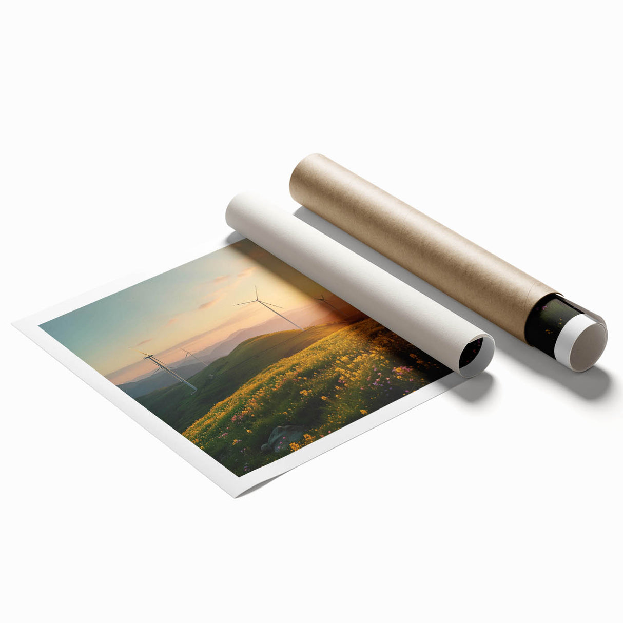 Rolled print of a serene landscape featuring windmills and vibrant skies, designed for wall art collection, showcasing detailed textures and colors.