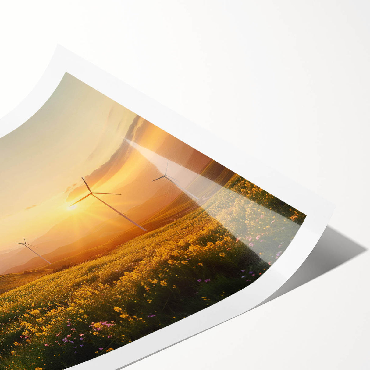 Rolled print showcasing a vibrant landscape featuring windmills against a serene sky, ideal for home decor. Perfect for art lovers seeking colorful wall art.