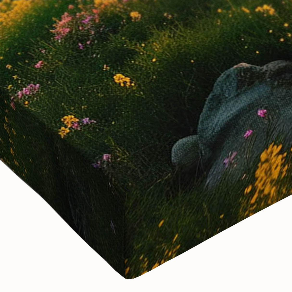 Close-up of a stretched canvas featuring a vibrant landscape design with windmills, showcasing rich colors and intricate details, perfect for home decor.