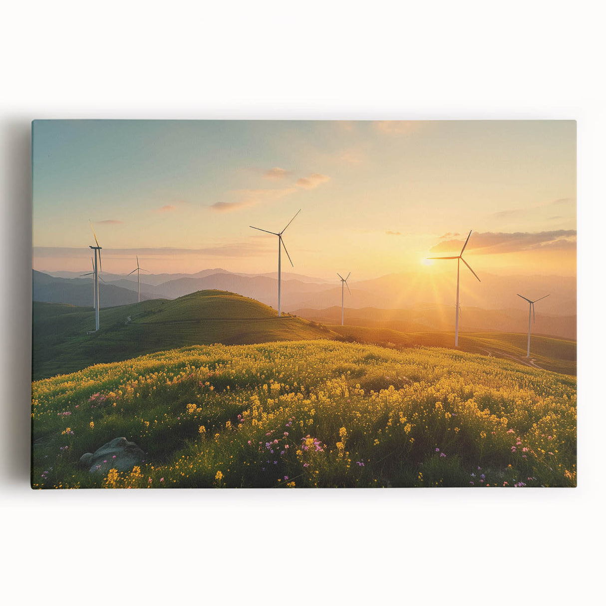 Stretched canvas wall art showcasing a vibrant windmill landscape design, featuring rolling hills and a clear blue sky, perfect for home decor enhancement.