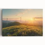 Stretched canvas wall art showcasing a vibrant windmill landscape design, featuring rolling hills and a clear blue sky, perfect for home decor enhancement.