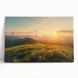 Stretched canvas wall art featuring a vibrant landscape with windmills set against a sunset backdrop, leaning against a neutral wall for display. Ideal for home decor.
