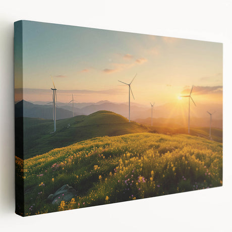 Stretched canvas wall art showcasing a serene landscape with windmills under a vibrant sunset, perfect for home decor, evoking a sense of tranquility and nature.