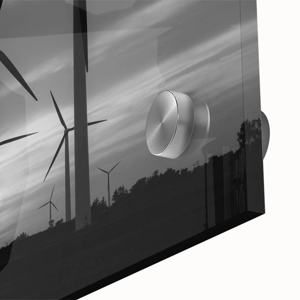 Close-up of a vibrant acrylic glass wall art piece showcasing a serene landscape with windmills, featuring rich colors and intricate details, perfect for home decor.