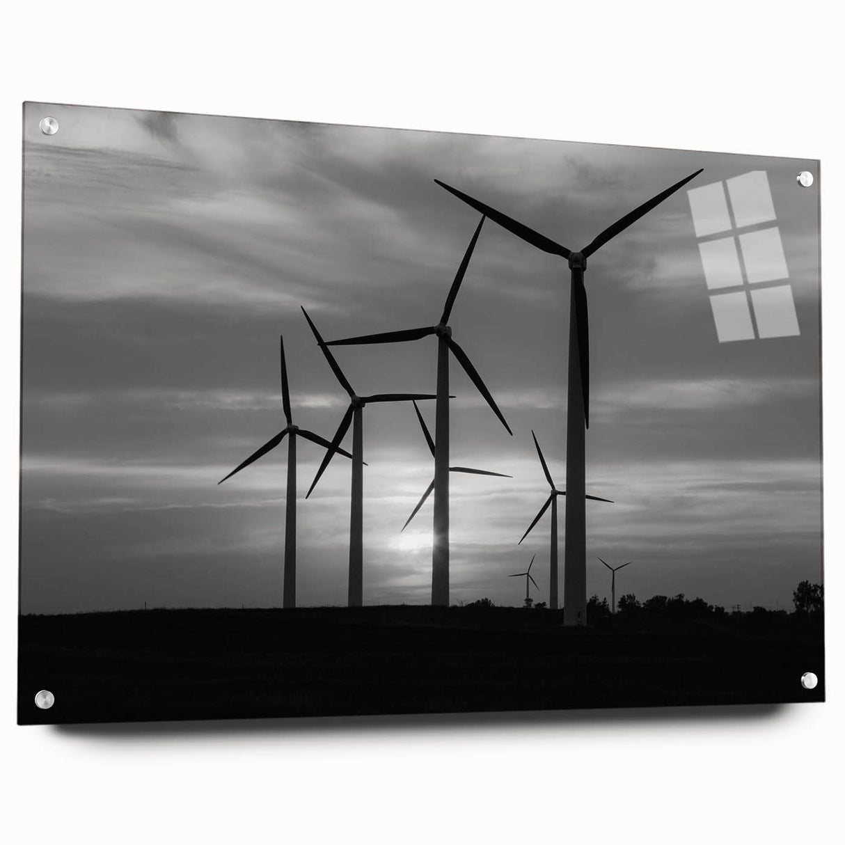 Acrylic glass wall art print depicting a serene landscape with windmills, showcasing vibrant colors and intricate details, ideal for modern home decor.