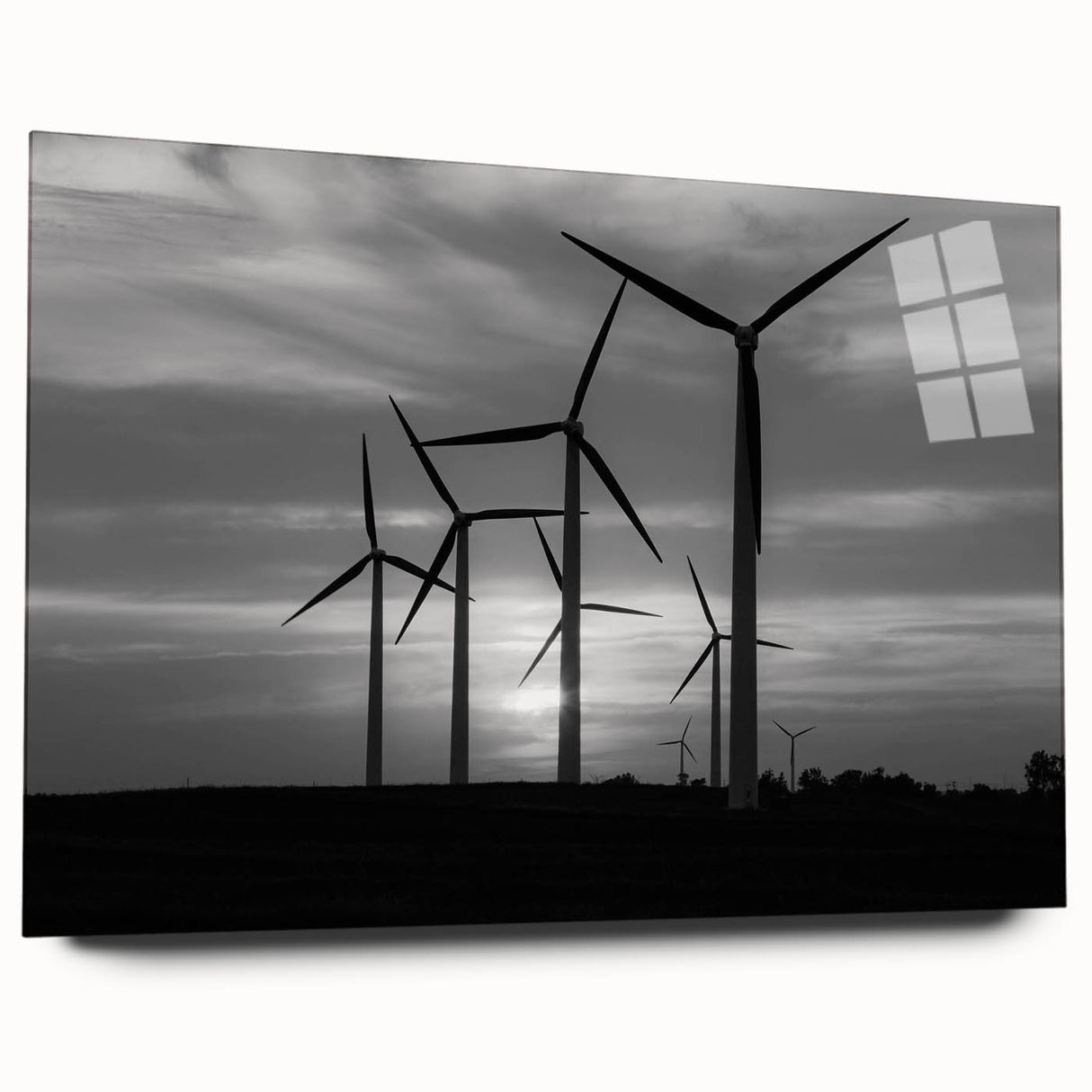 Side view of a landscape wall art collection featuring windmills, designed with vibrant colors and sleek acrylic glass, perfect for home decor enhancement.