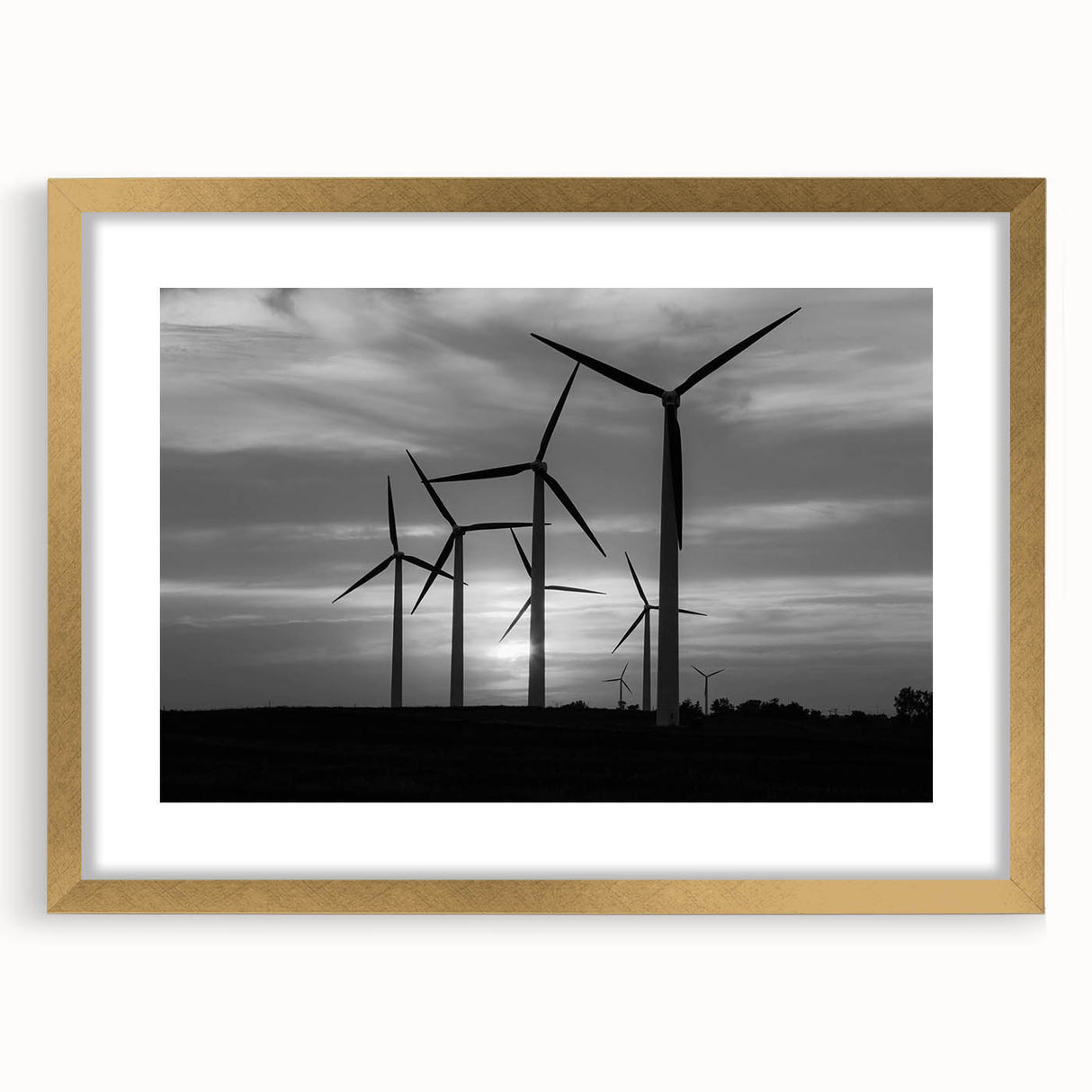 Framed wall art showcasing a serene landscape with windmills in a golden mat, perfect for home decor, enhancing any space with elegance and tranquility.