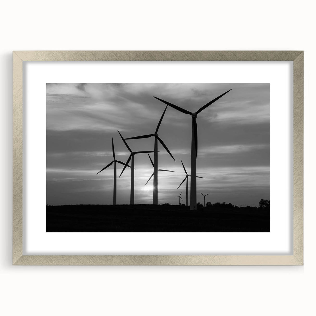 Framed landscape wall art featuring a serene windmill scene, with a silver mat and frame, perfect for enhancing home decor and creating a calming ambiance.
