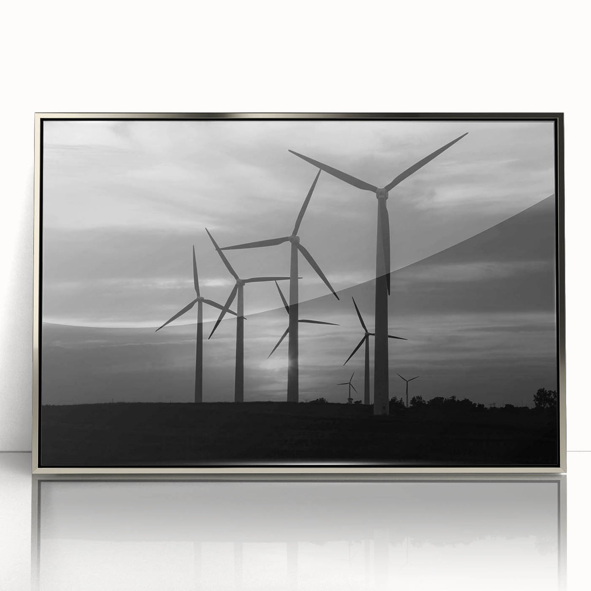 Framed acrylic wall art depicting a serene landscape with windmills, featuring a silver frame and vibrant colors, perfect for home or office decor.
