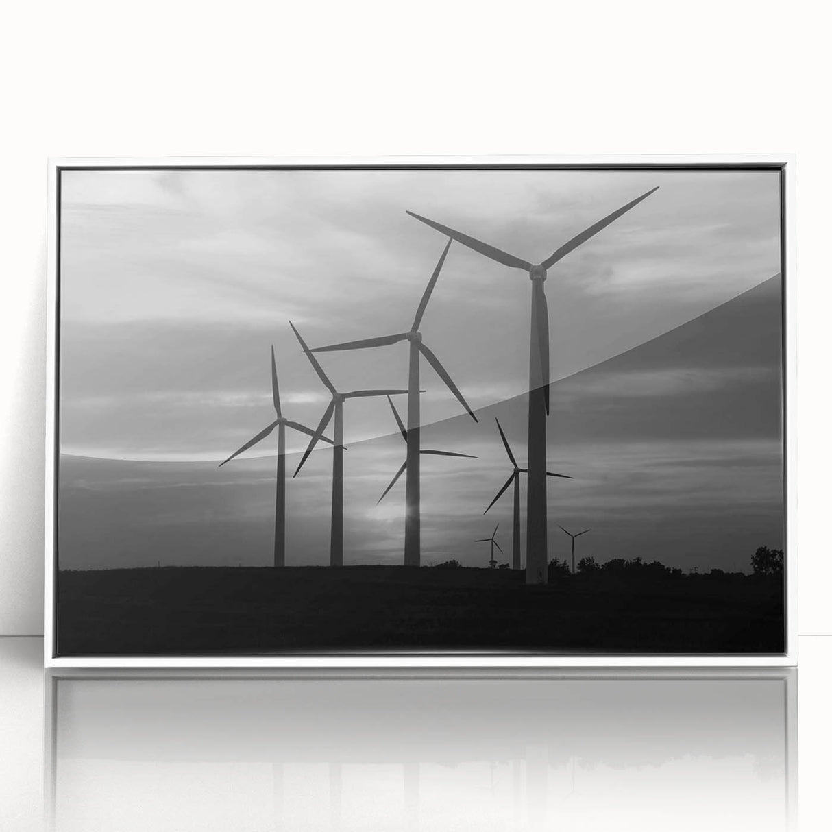 Framed acrylic wall art featuring a serene landscape with windmills, set against a white background, perfect for modern home decor and enhancing living spaces.