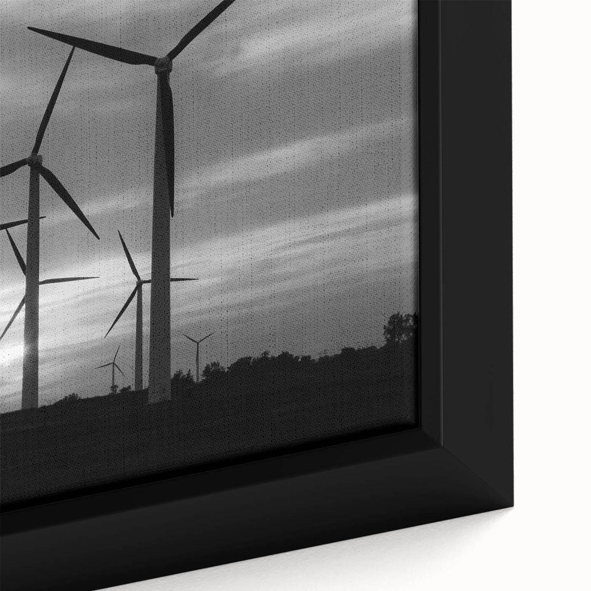 Framed canvas wall art showcasing a detailed landscape of windmills in a serene countryside setting, featuring vibrant colors and intricate brushwork, perfect for home decor.