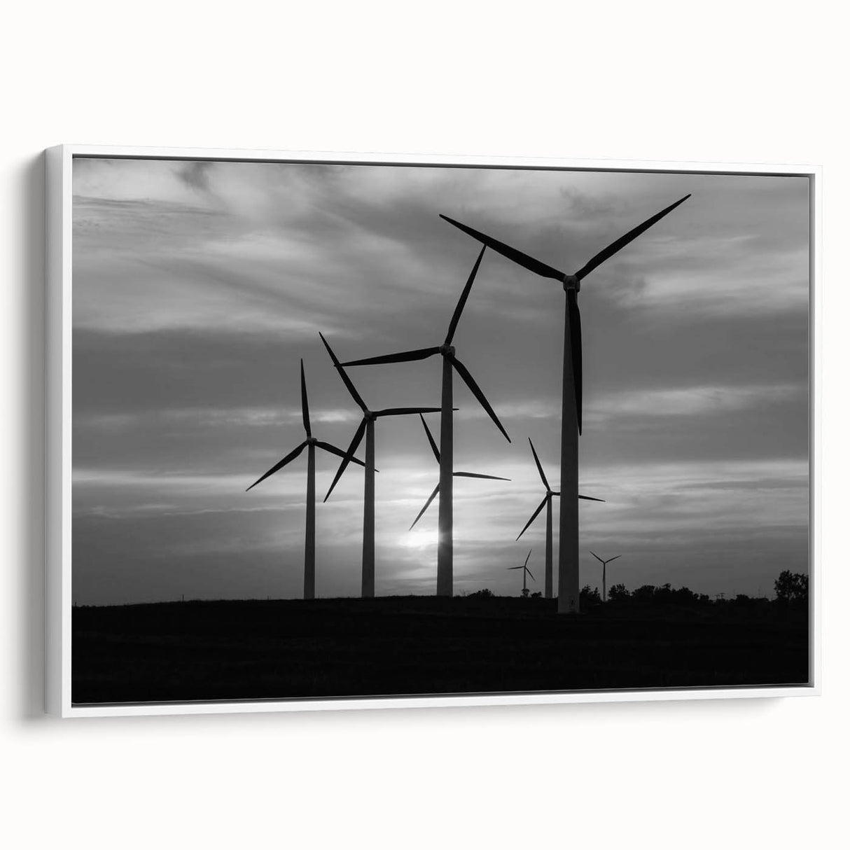 Framed canvas wall art collection showcasing a serene landscape with windmills, set against a white background, ideal for home decor and interior design enthusiasts.