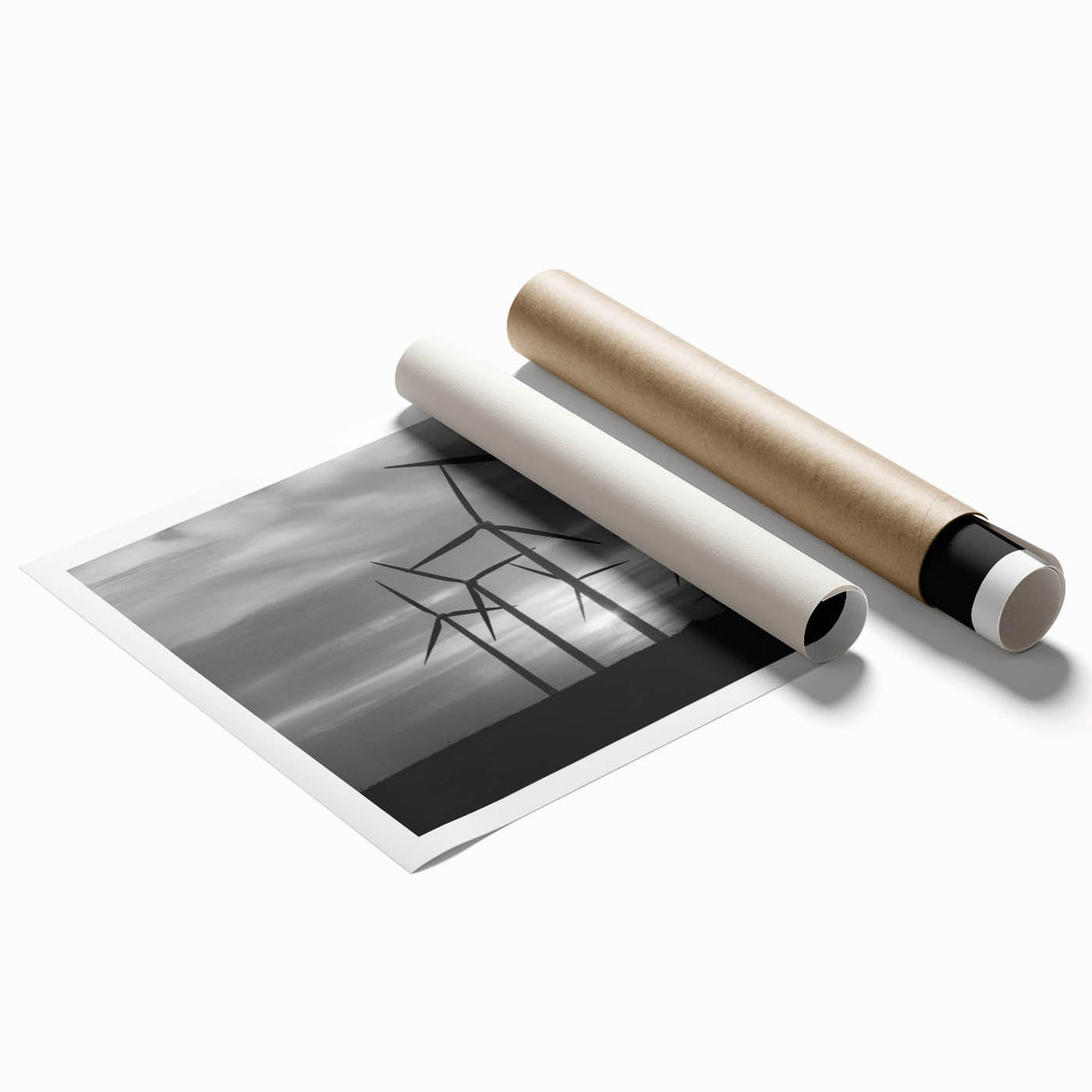 Rolled print showcasing a serene landscape with windmills, featuring soft green fields and a blue sky, ideal for home decor or office ambiance.