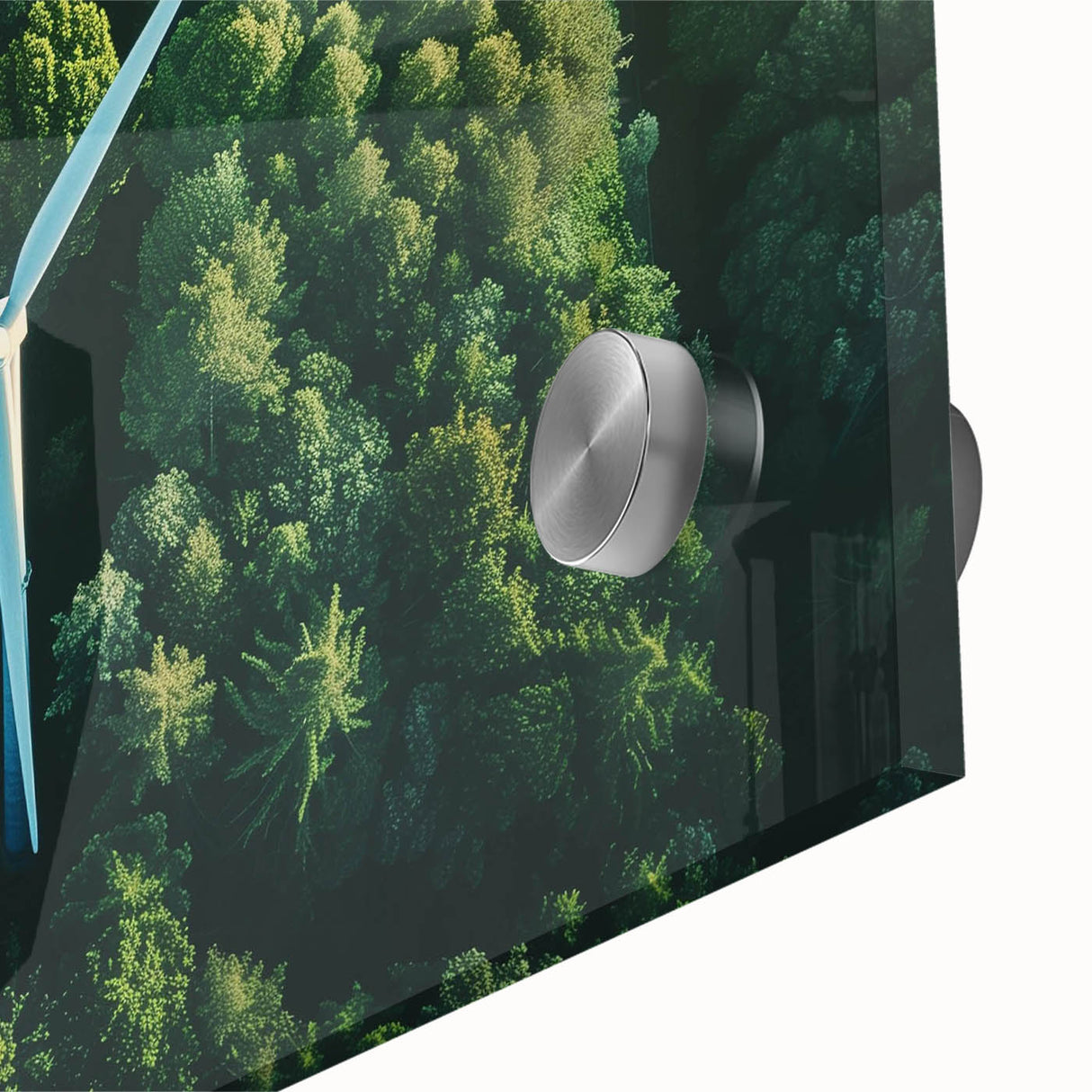 Close-up view of a vibrant acrylic glass wall art piece showcasing a picturesque landscape with windmills, ideal for home decor and modern interiors.