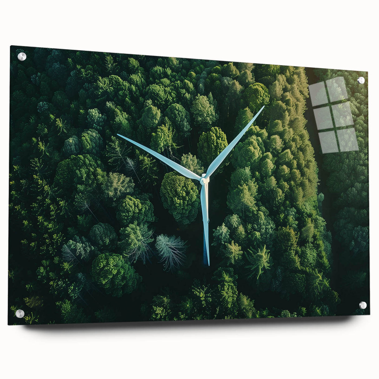 Acrylic wall art collection showcasing a vibrant landscape featuring windmills, set against a blue sky with white clouds, displayed from a side view and secured with pins. Perfect for adding a modern touch to home decor.