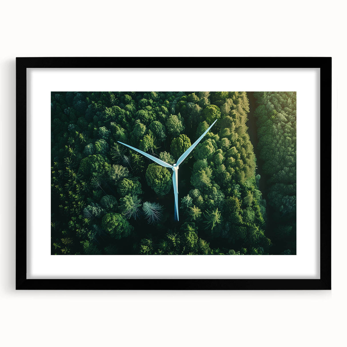 Framed black wall art featuring a serene landscape with windmills, showcasing a modern design aesthetic and a sleek mat for an elegant presentation.