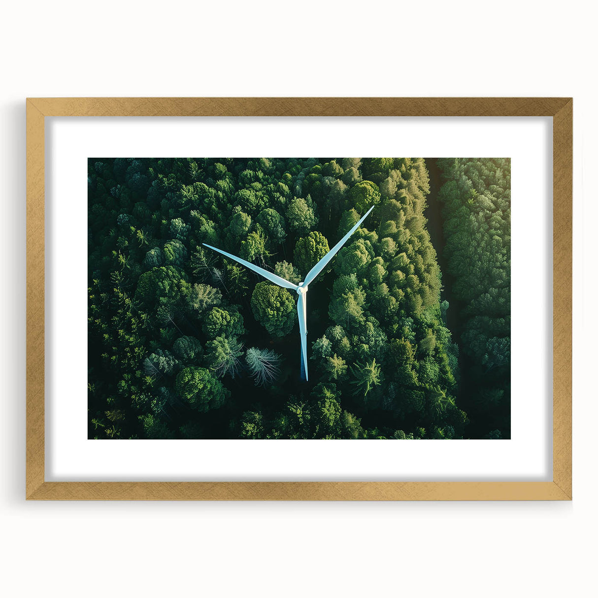Framed wall art featuring a serene landscape with windmills, showcasing a gold mat and elegant frame, perfect for enhancing home decor aesthetics and ambiance.