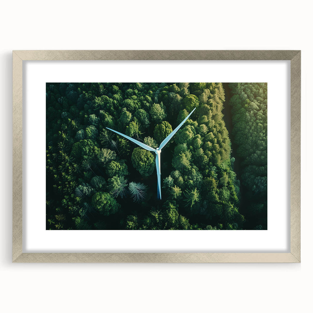 Framed wall art collection showcasing a serene landscape with windmills, featuring a silver matting and a sleek front view, perfect for home decor.