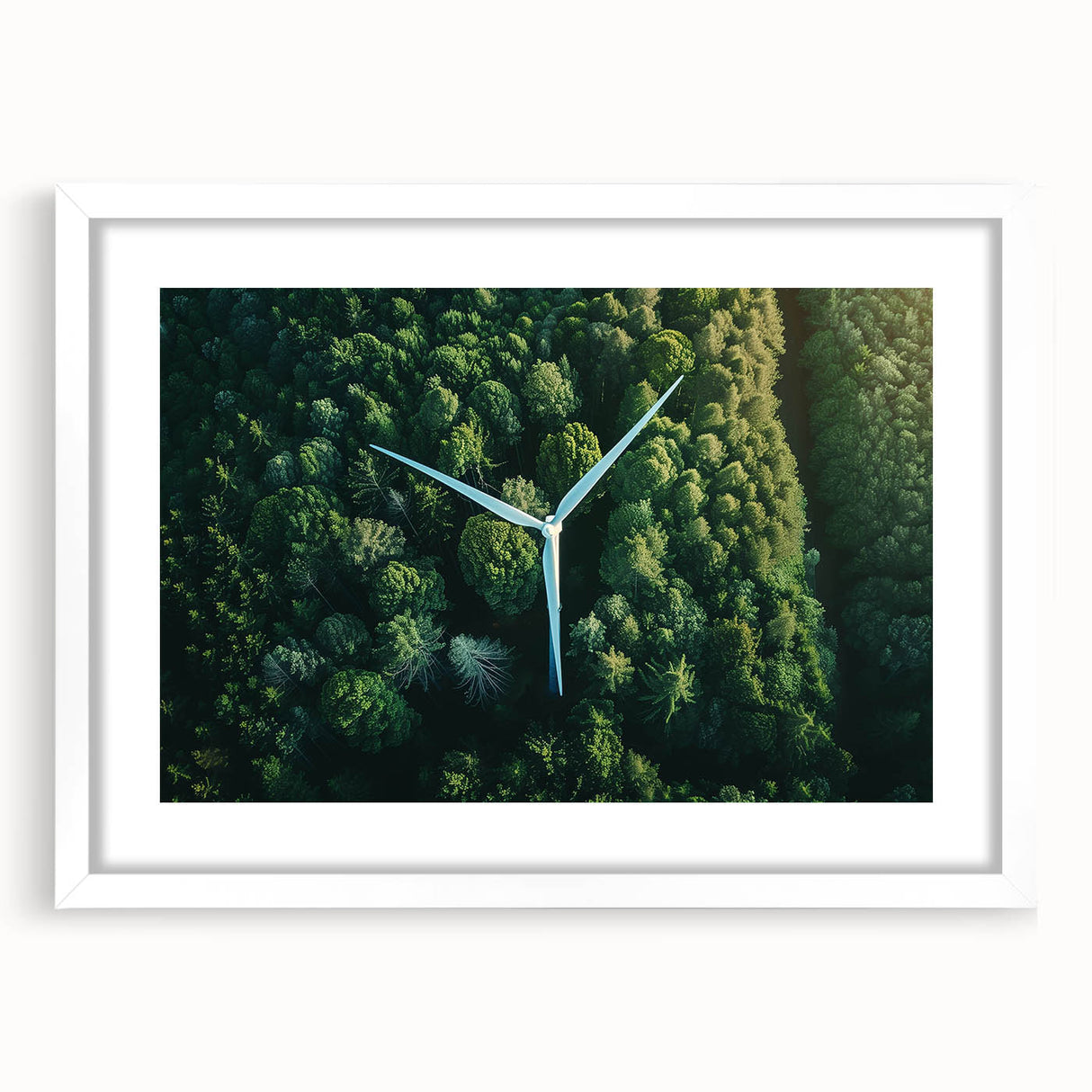 Framed wall art featuring a serene landscape with windmills, displayed in a white mat and frame, perfect for home decor, showcasing soft colors and tranquil scenery.