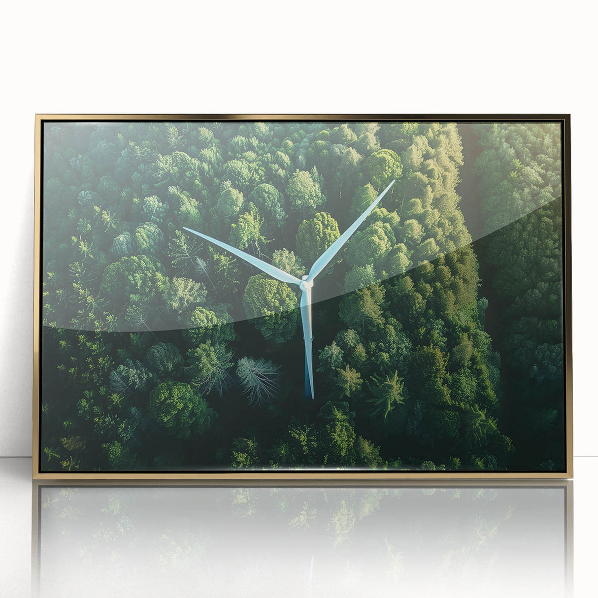 Framed acrylic wall art showcasing a serene landscape with windmills, featuring a gold frame highlighting the vibrant colors and intricate details, perfect for home decor.