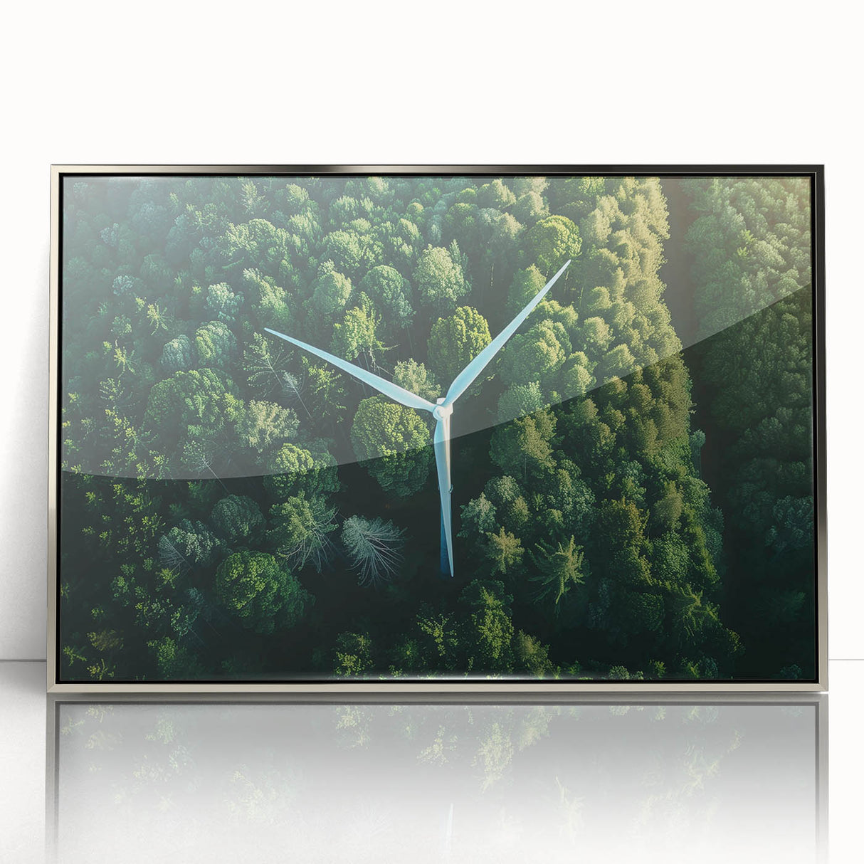 Framed wall art collection featuring a serene landscape with windmills, set in a sleek silver frame, showcasing vibrant colors and intricate details, perfect for home decor.