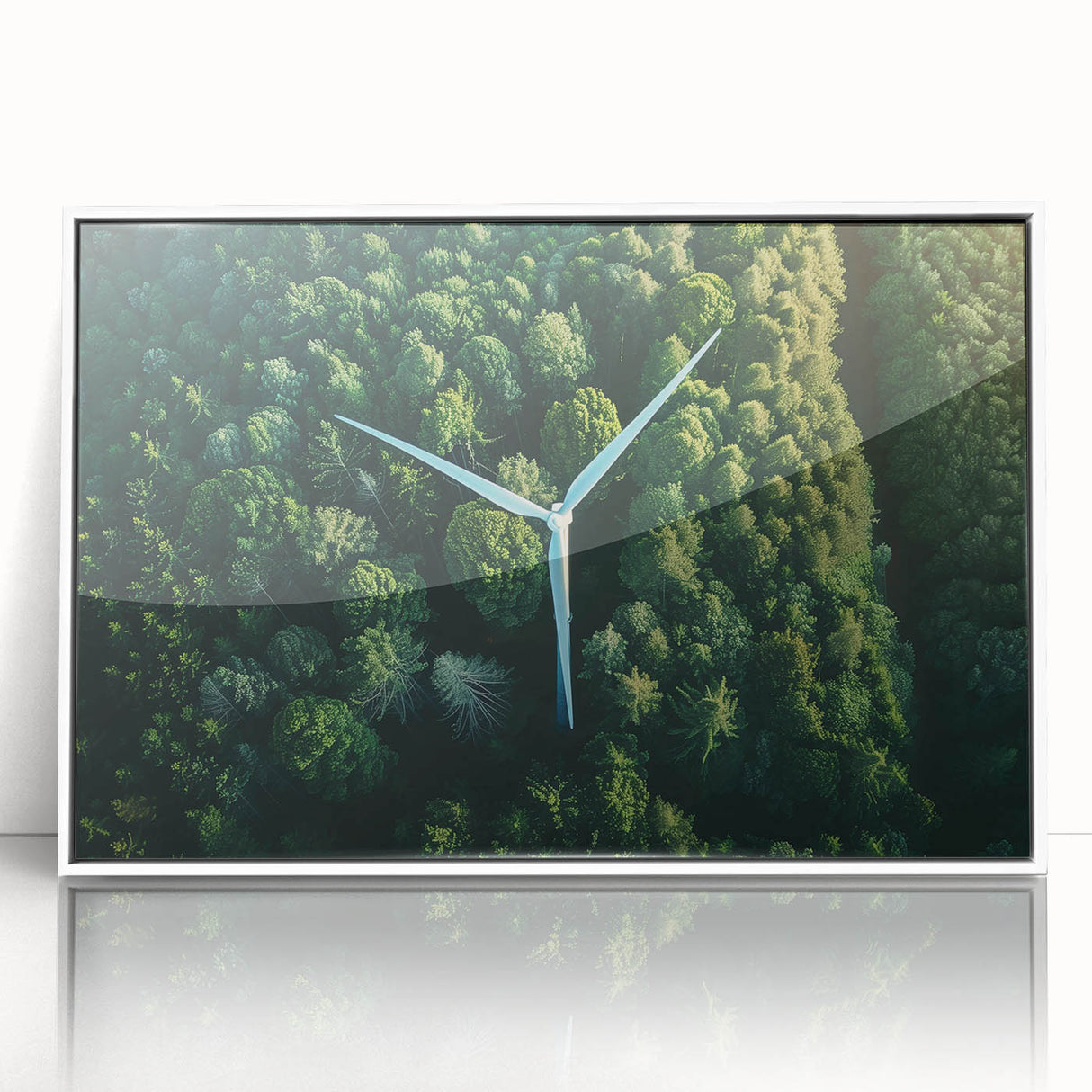 Framed wall art featuring a landscape design of windmills, showcasing a serene countryside scene with vibrant colors, elegantly displayed in a white frame for a modern touch.