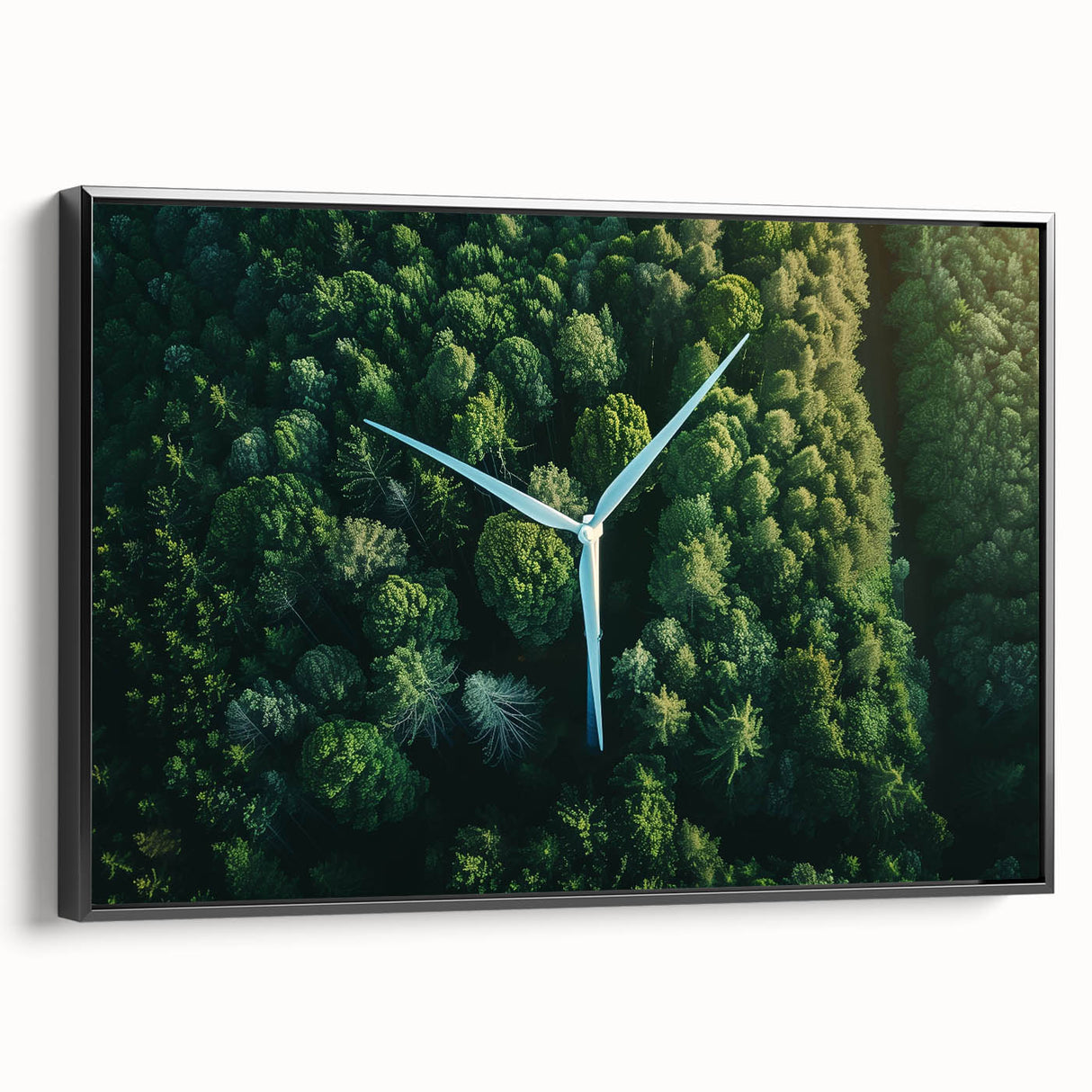 Framed canvas wall art showcasing a serene landscape with windmills against a vibrant sunset, featuring a sleek black frame and modern design elements, perfect for home decor.