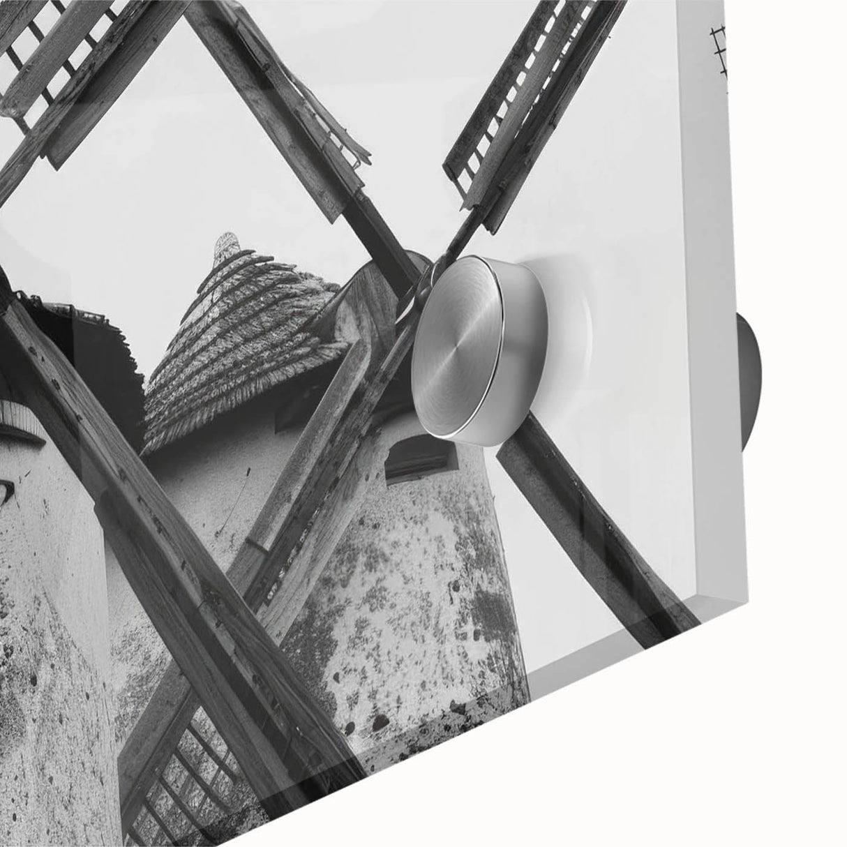 Close-up of a stunning acrylic glass wall art piece showcasing vibrant landscapes and windmills, perfect for home decor, highlighting intricate details and colors.