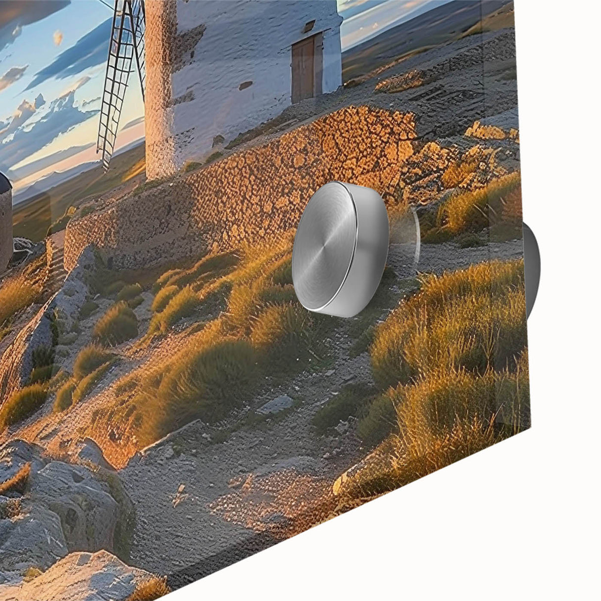 Close-up of a vibrant wall art piece featuring colorful windmills and landscapes, designed with acrylic glass for a modern touch, perfect for home decor.