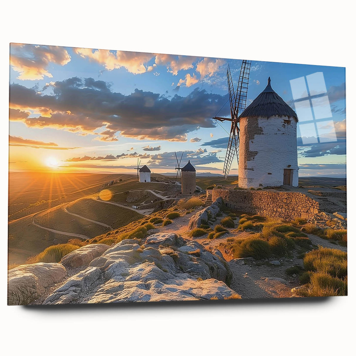 Acrylic wall art design showcasing a serene landscape with windmills, featuring vibrant colors and a modern aesthetic, perfect for enhancing home décor.