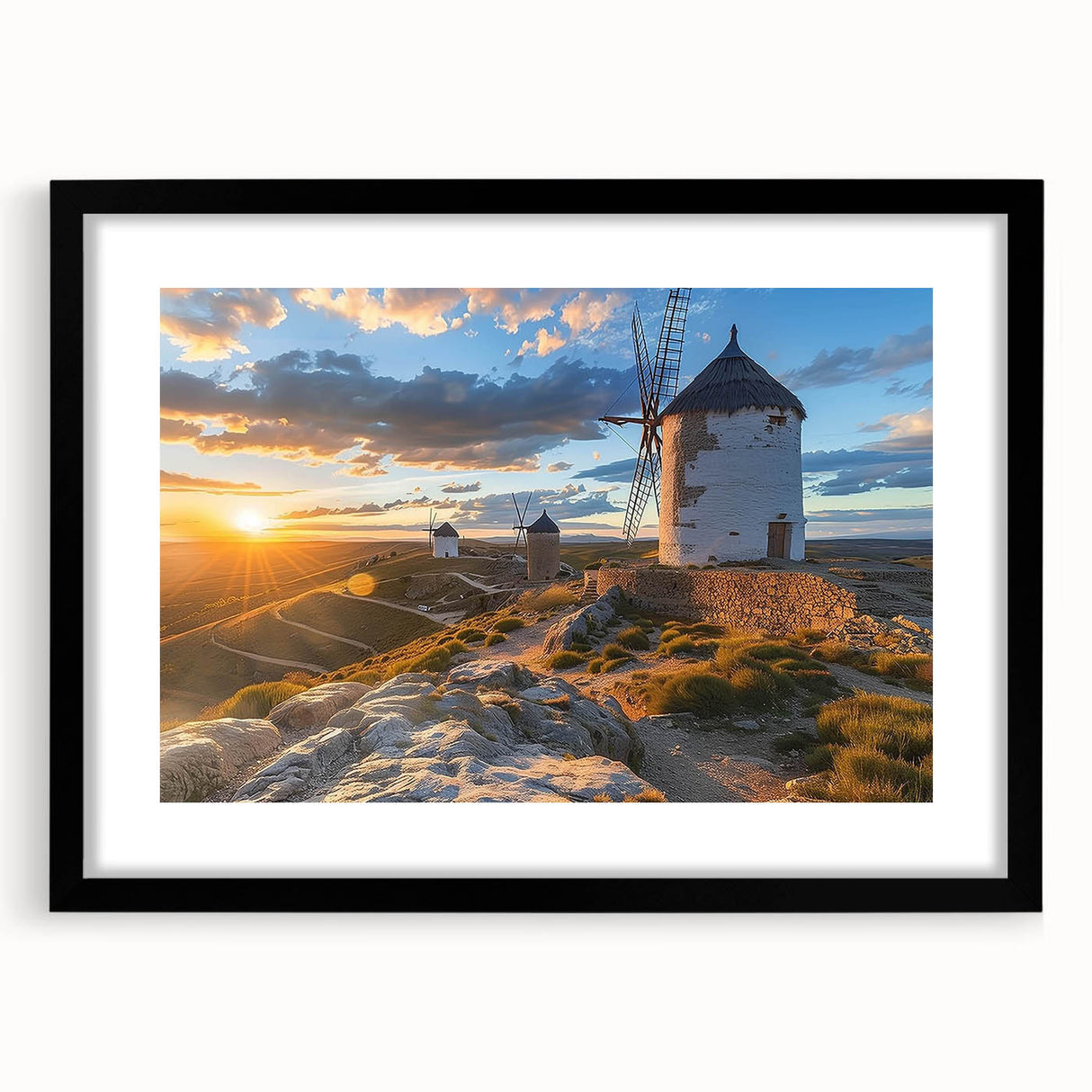 Black-framed wall art showcasing a serene landscape with windmills, designed for modern decor, featuring a mat for added elegance and depth. Perfect for enhancing home aesthetics.