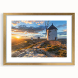 Framed wall art collection showcasing a vibrant landscape with windmills, featuring a gold frame and matting, perfect for enhancing home decor.